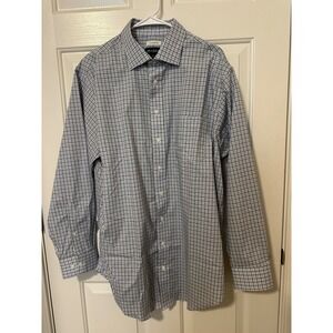 Jos. A. Bank Shirt Mens 17.5 34/35 Blue Gingham Tailored Fit Stretch Cotton LS